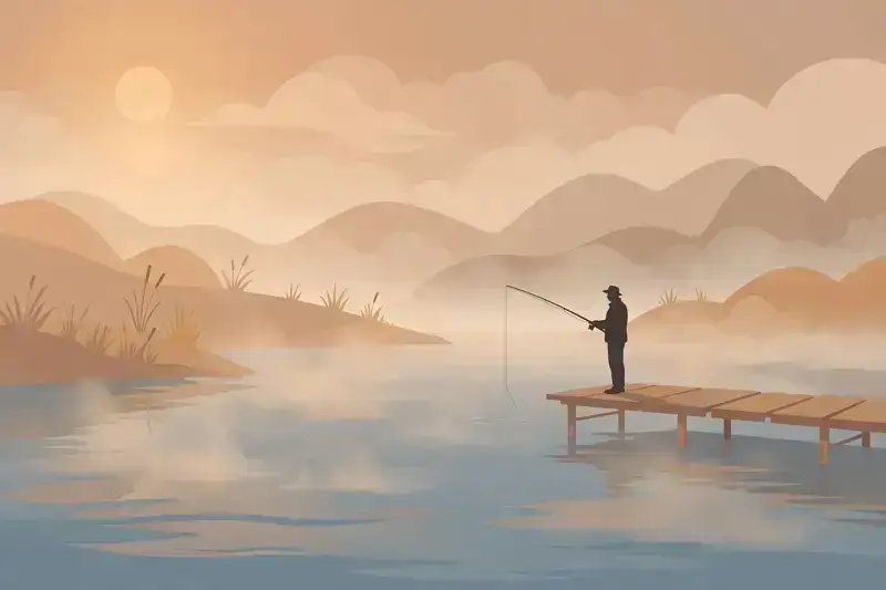 A flat illustration of a lone angler fishing from a dock on a misty lake at dawn
