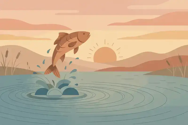 A flat illustration of a fish leaping from a lake at sunrise