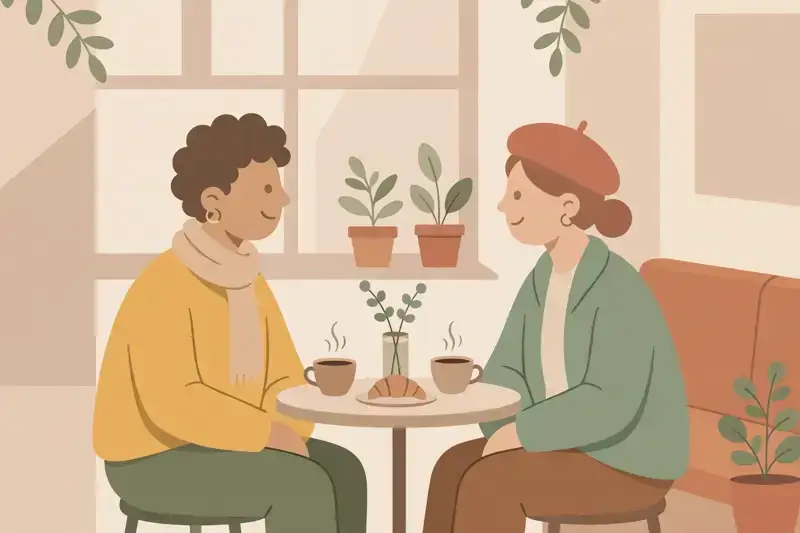 Two friends chatting over coffee, french conversation