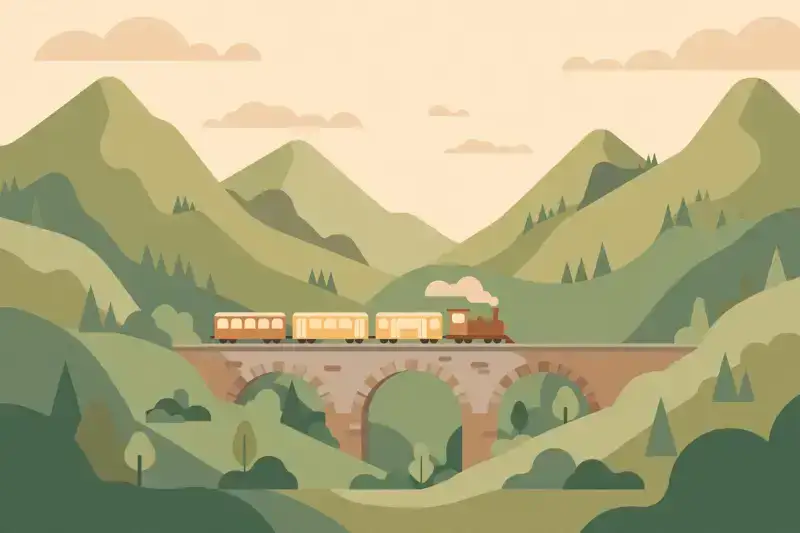 A flat illustration of a train crossing a bridge through the Bavarian Alps