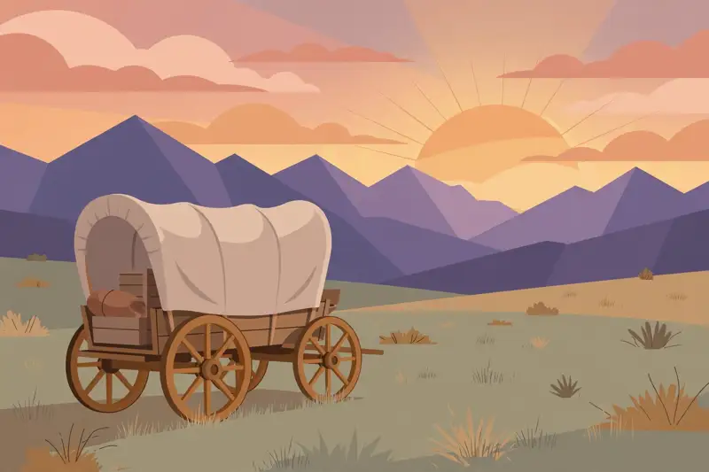 A covered wagon heading west toward distant mountains at sunset
