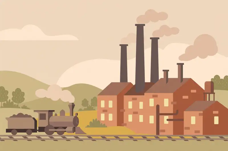 A 19th century factory with smokestacks beside a steam train