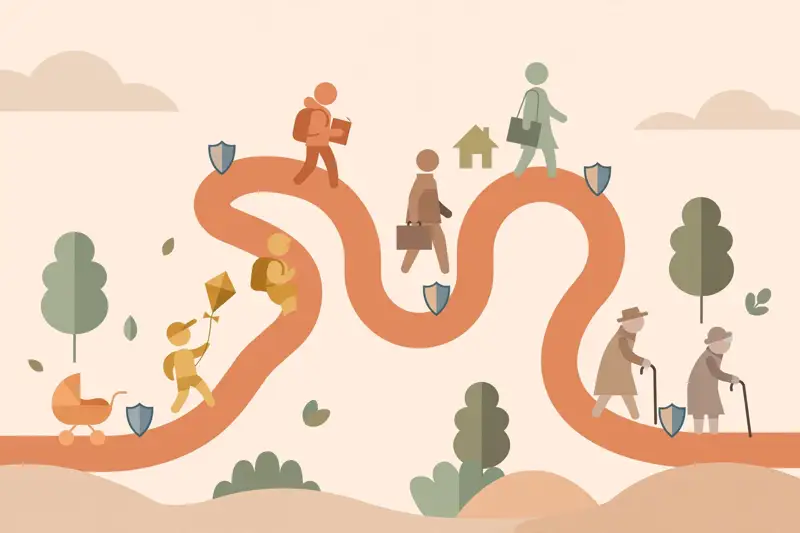 A winding path through life stages with protective shields along the way