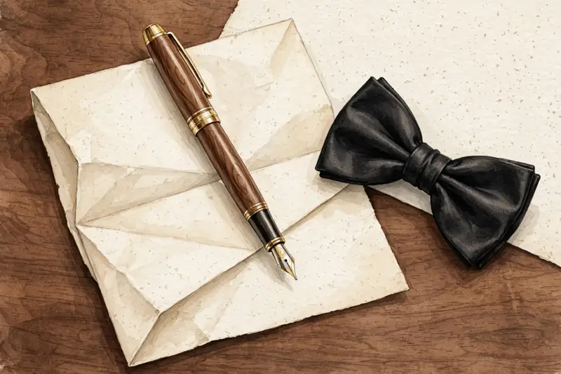 A fountain pen on a contract beside a bow tie