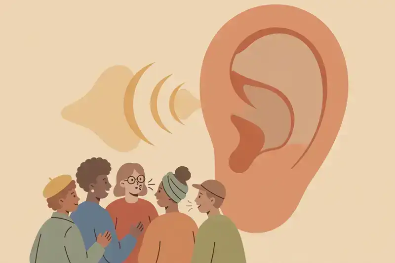 A large ear listening to a crowd of people talking