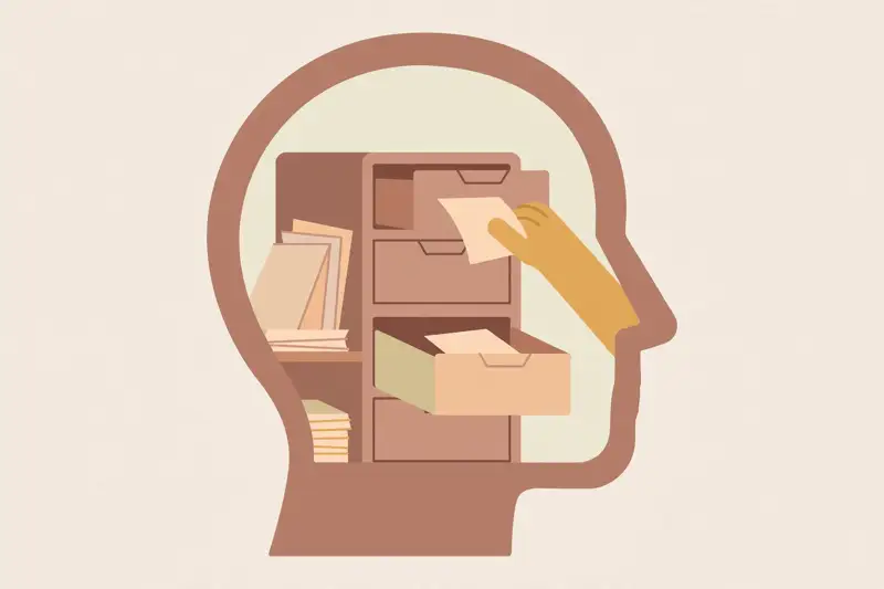 A filing cabinet inside a head with papers being carefully filed