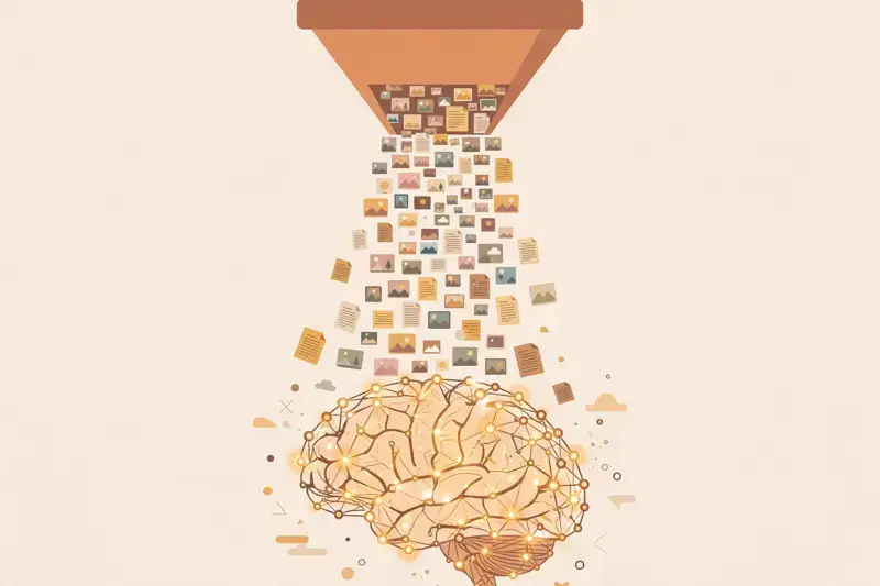 A funnel pouring documents and photos into a glowing brain of connected nodes