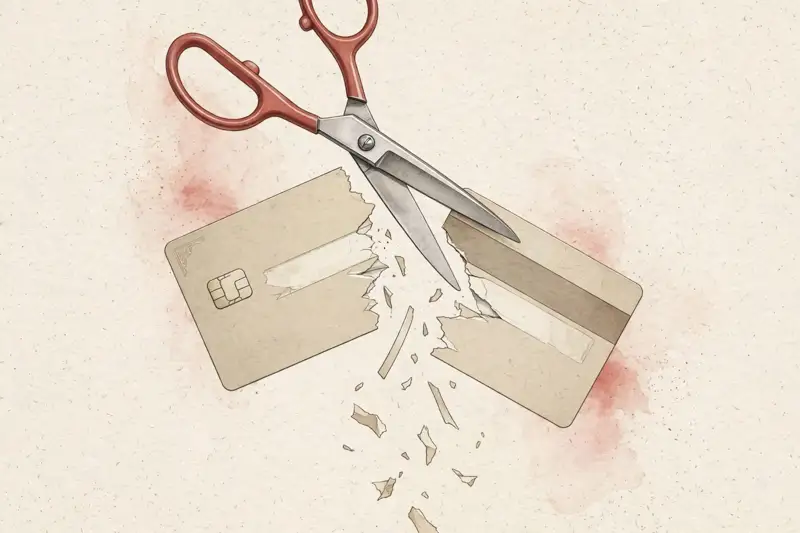 Scissors cutting a credit card in half