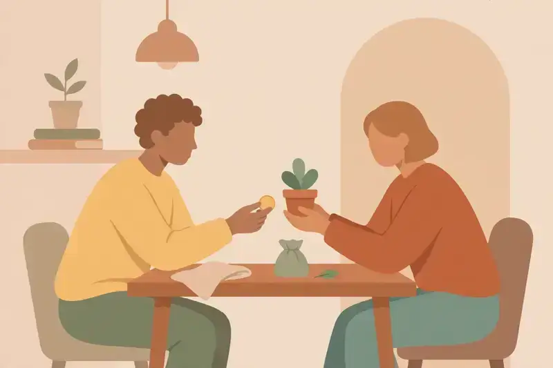 Two people calmly trading a coin for a plant at a table