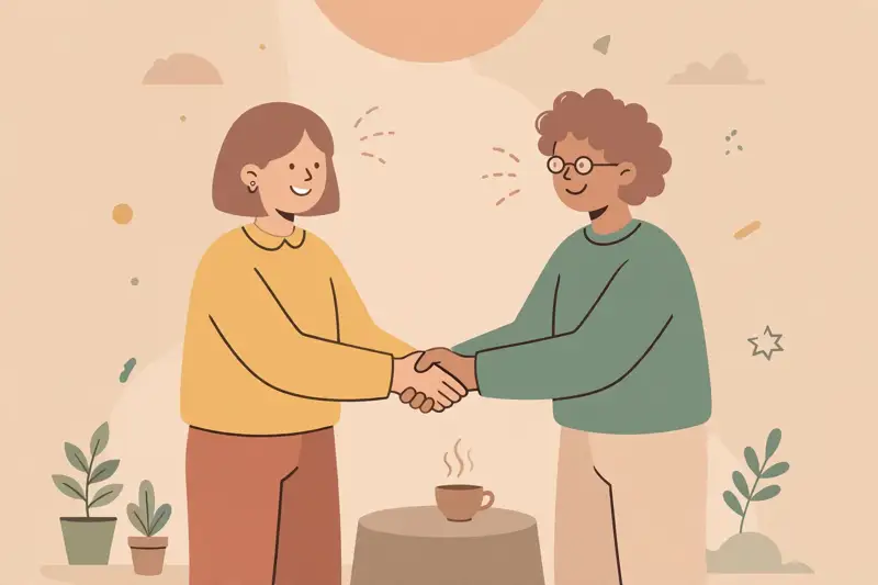 Two people shaking hands warmly at a friendly event