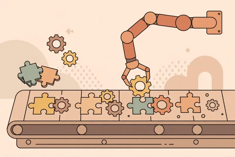 A robot arm assembling gears and workflow pieces