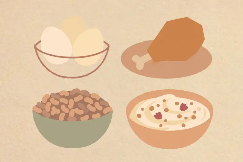 Protein foods arranged simply: eggs, chicken, beans, and yogurt