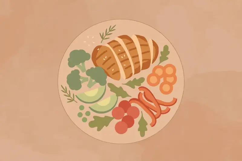 A balanced restaurant plate with grilled protein and colorful vegetables