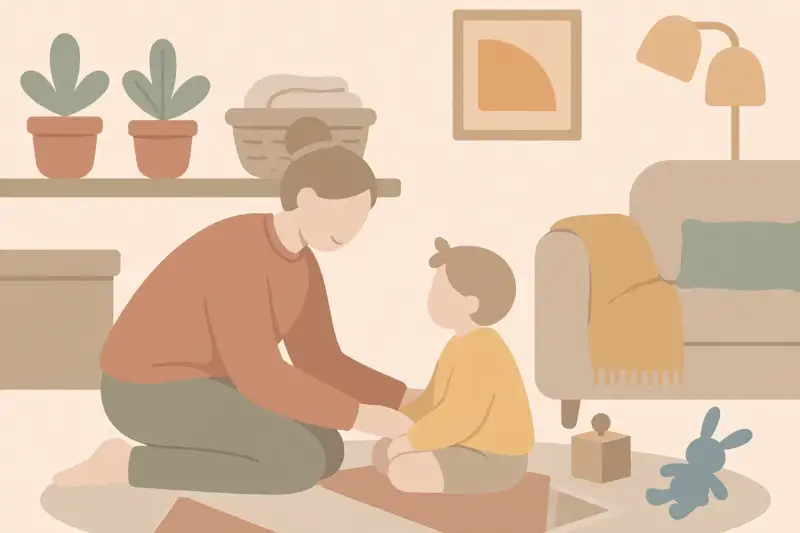 A calm parent kneeling at eye level with a child in a warm living room