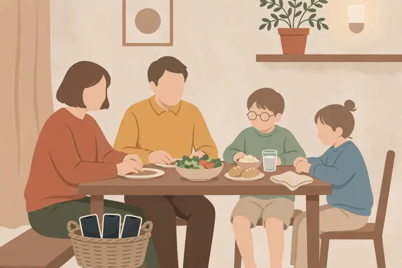 A family at the dinner table with phones parked in a basket nearby