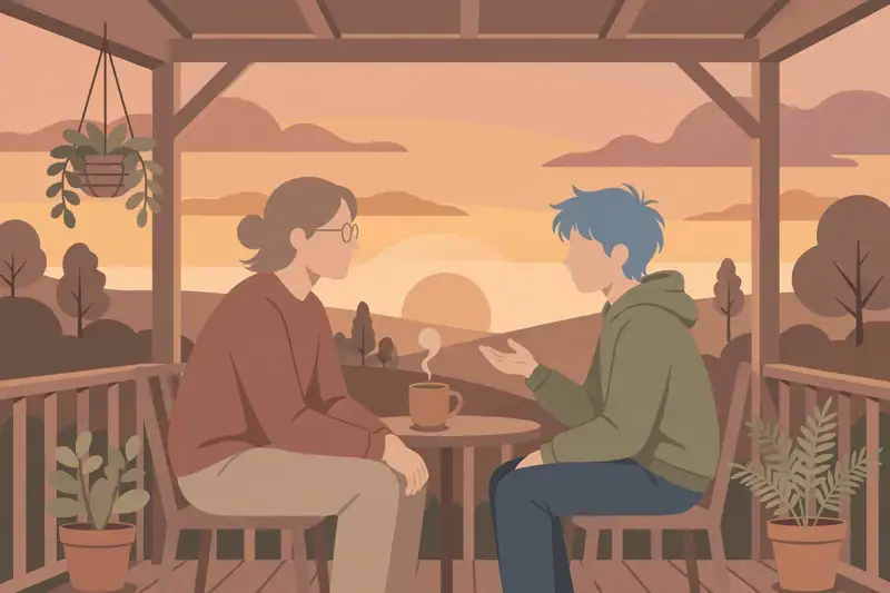 A parent and teenager talking honestly on a porch at sunset