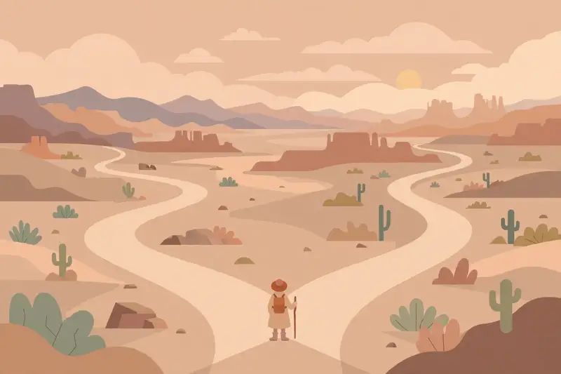A lone traveler at a fork in a desert road, choosing between two paths