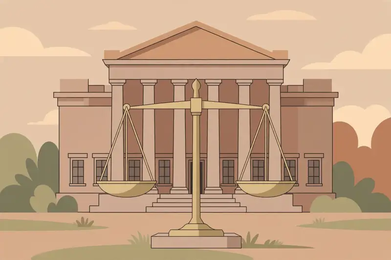 A balanced scale of justice in front of a classical city hall building