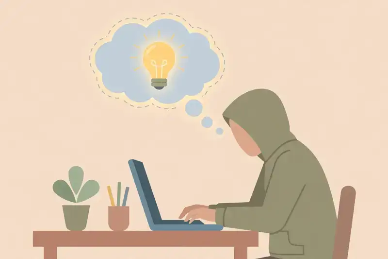 A person typing a clear question with a lightbulb in a speech bubble