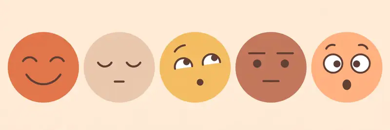 Five simple stylized faces each showing a different expression