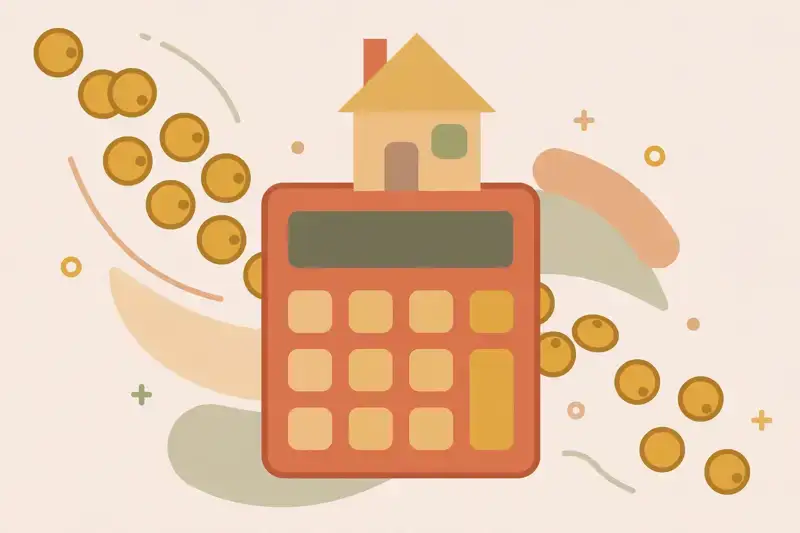 A calculator with a small house, coins flowing in and out