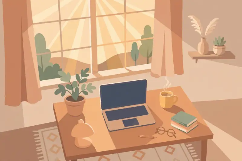 A cozy home office desk with a laptop, plant, and warm window light