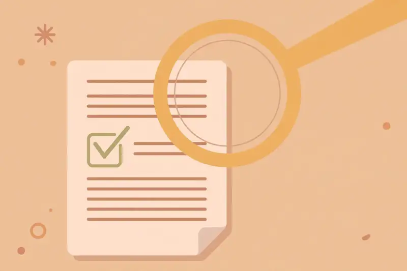 A clean one-page resume with a checkmark, reviewed with a magnifying glass