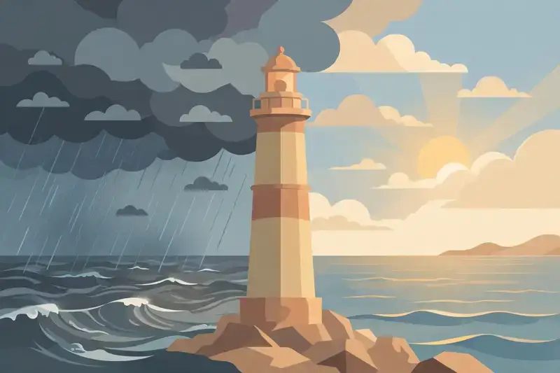 A sturdy lighthouse standing firm through a stormy sea with calmer waters beyond