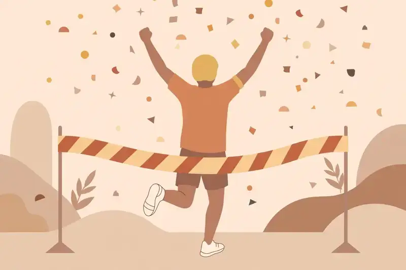 A runner crossing a finish line with arms raised in celebration