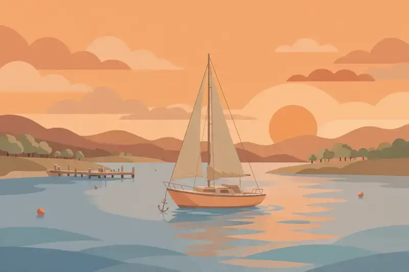 A flat illustration of a sailboat in a harbor at sunset