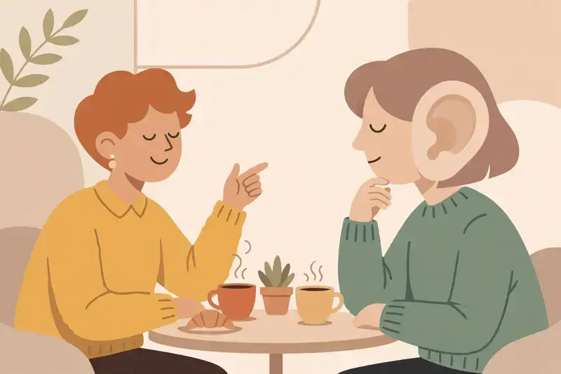 Two people talking over coffee, one listening intently