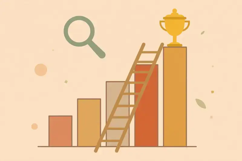 A ladder climbing to a trophy atop a bar chart
