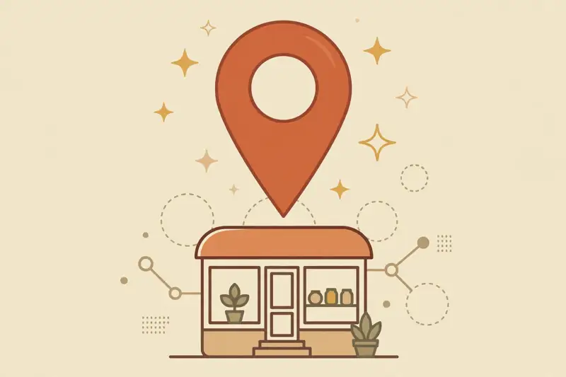 A map pin landing on a small storefront surrounded by stars