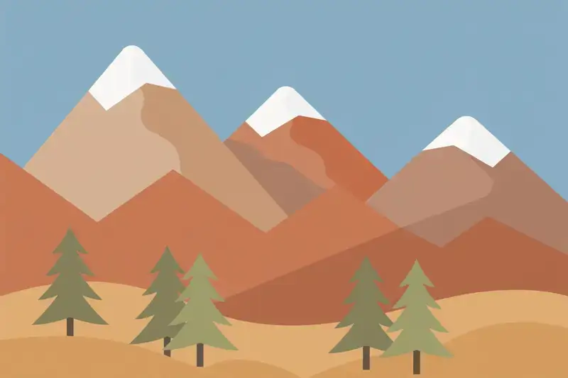 A flat illustration of snowy mountain peaks under a clear blue sky