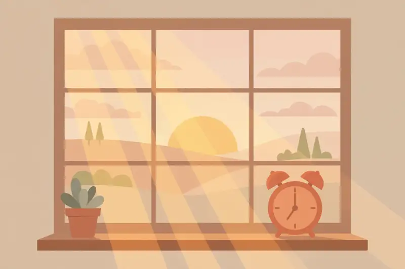 An alarm clock at sunrise with warm morning light streaming in
