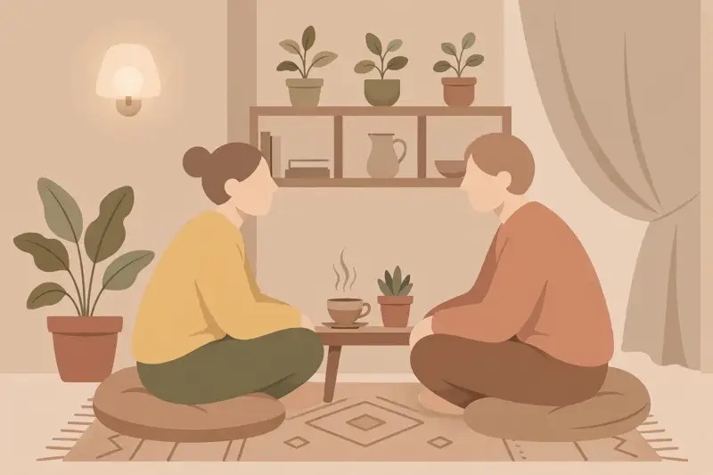 A calm person enjoying a deep one-on-one conversation in a cozy corner
