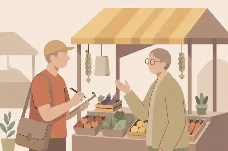 A founder talking to a customer at a market stall, taking notes