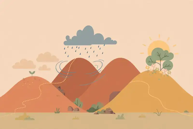 A three-act story arc rising and falling across a landscape
