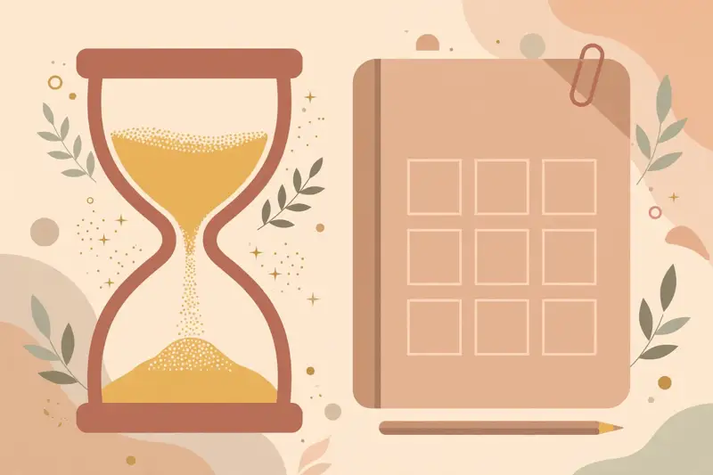 An hourglass with sand flowing next to a daily planner