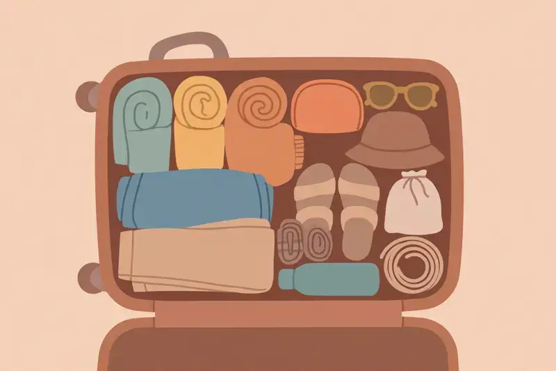 A packed carry-on suitcase with neatly organized travel items
