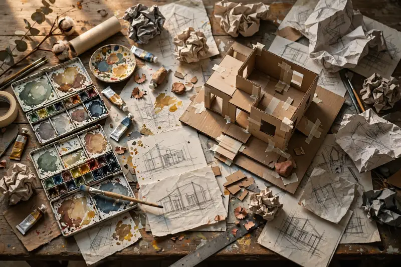 A wonderfully messy creative desk