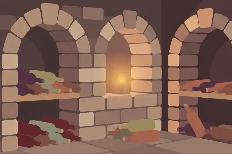 A flat illustration of wine bottles resting in a cozy stone cellar