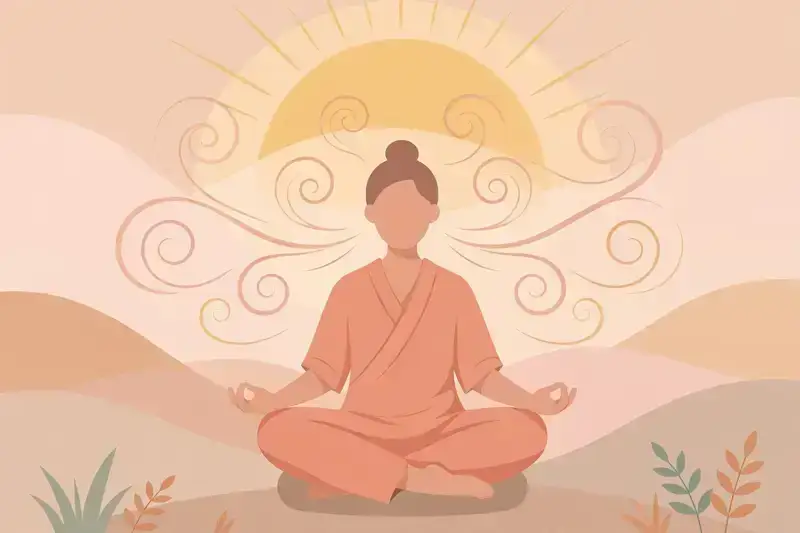 A person sitting cross-legged in meditation, breathing calmly at sunrise