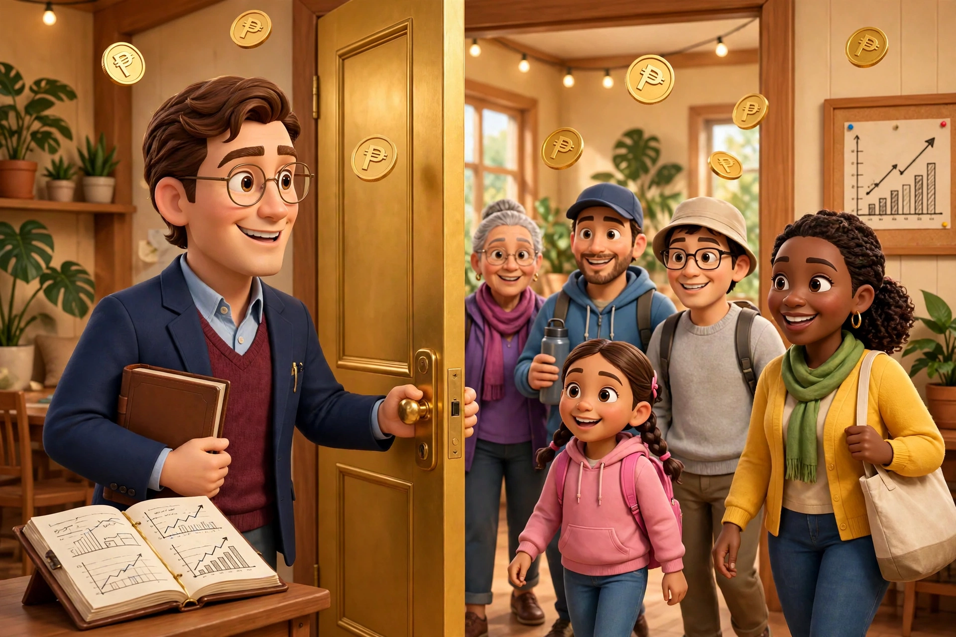 Steve holding open a wide golden door as happy new members walk into a bright community room, his ledger open beside him, gold peso coins in the air and a rising growth chart pinned to the wall