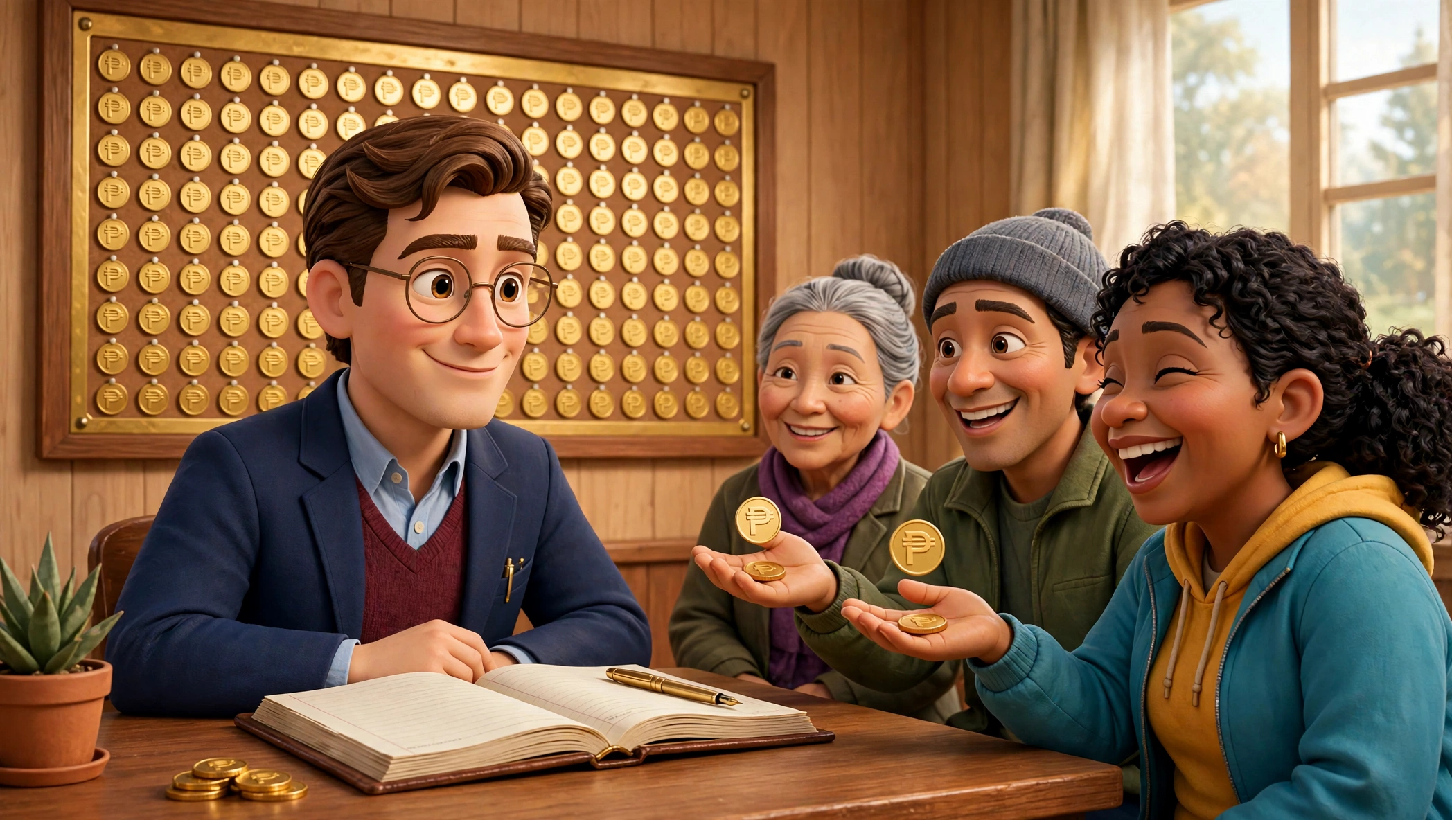 Steve at his desk with his ledger and gold pen, the gold bounty board behind him, while happy members receive gold peso coins