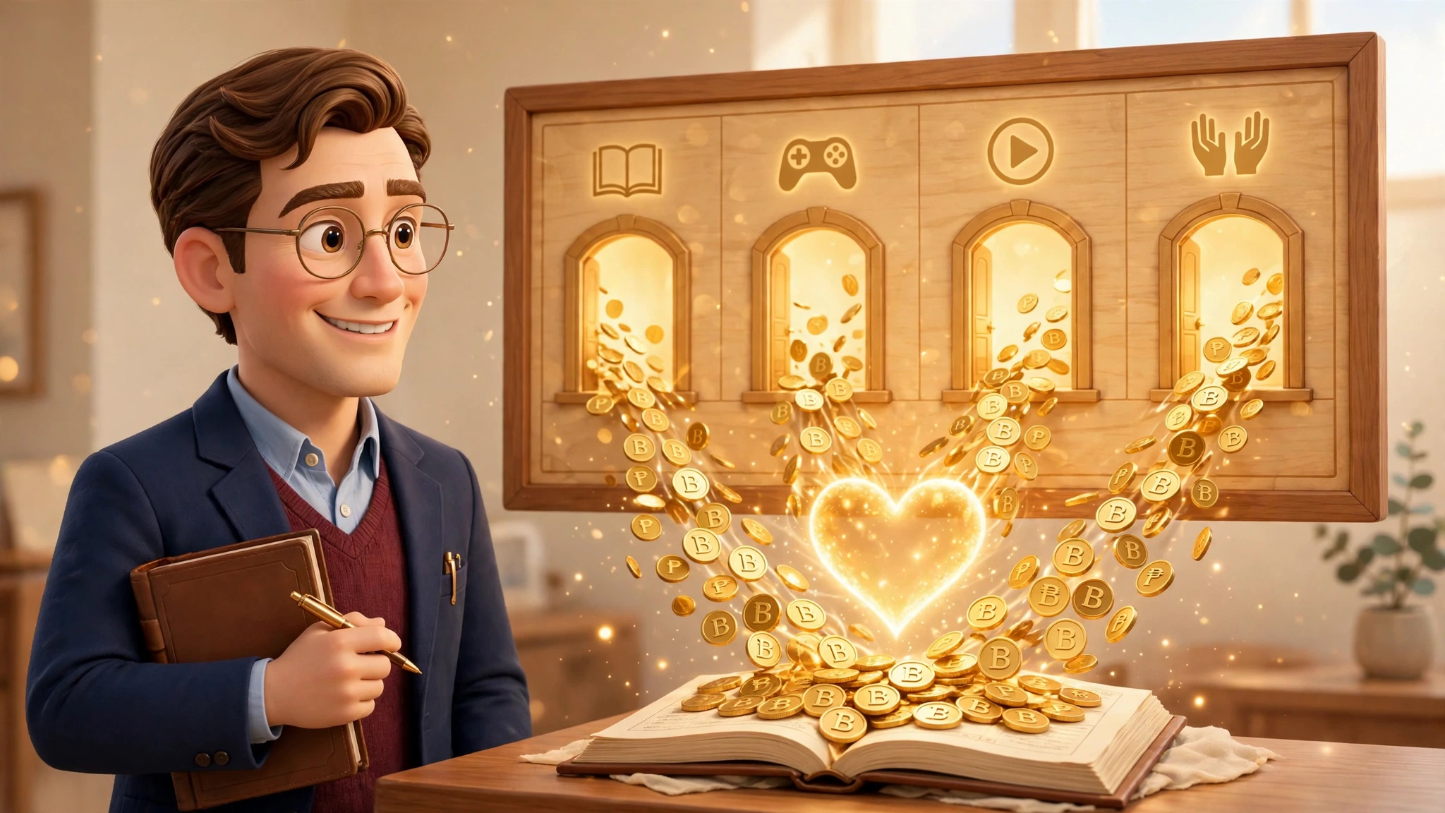 Steve before a tall warm board with four glowing doors marked by an open book, a game controller, a play button and open hands, while gold coins stamped with the peso sign and the letter B stream from all four doors into one glowing heart above his open ledger