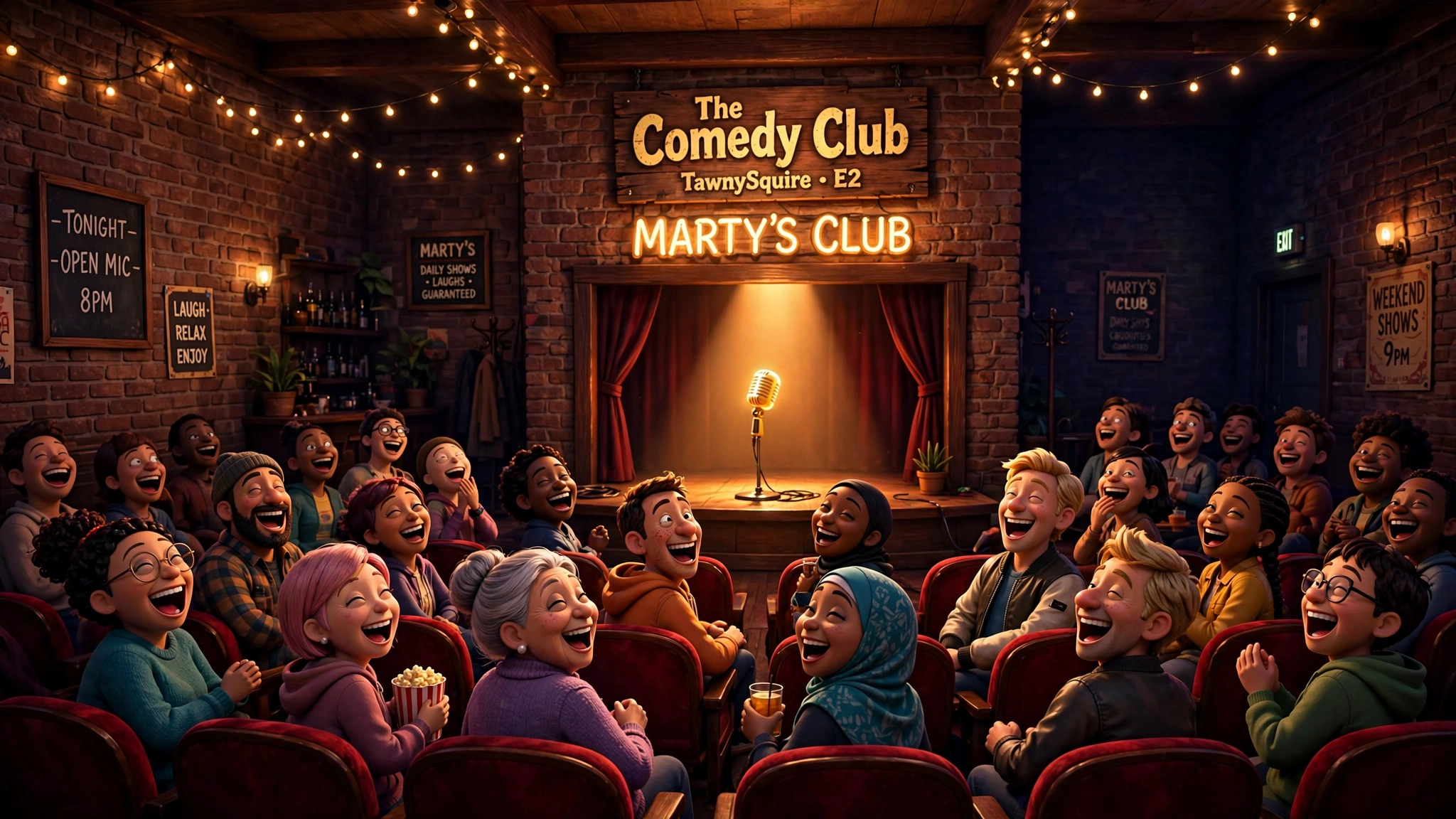 Punchline comedy club in TawnySquire: brick walls, red chairs, glowing microphone on stage