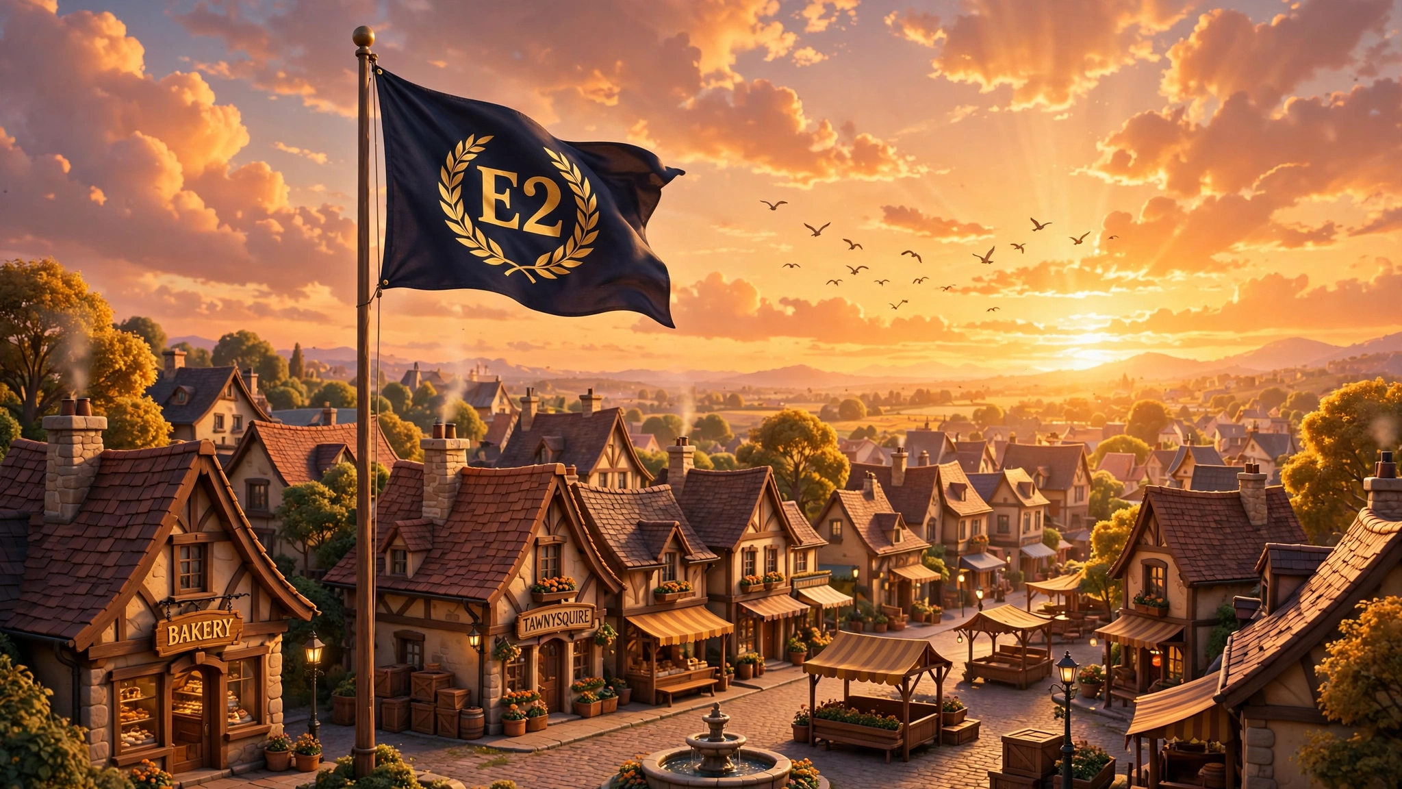 The E2 flag flying over TawnySquire at sunset: navy blue with gold laurel wreath emblem