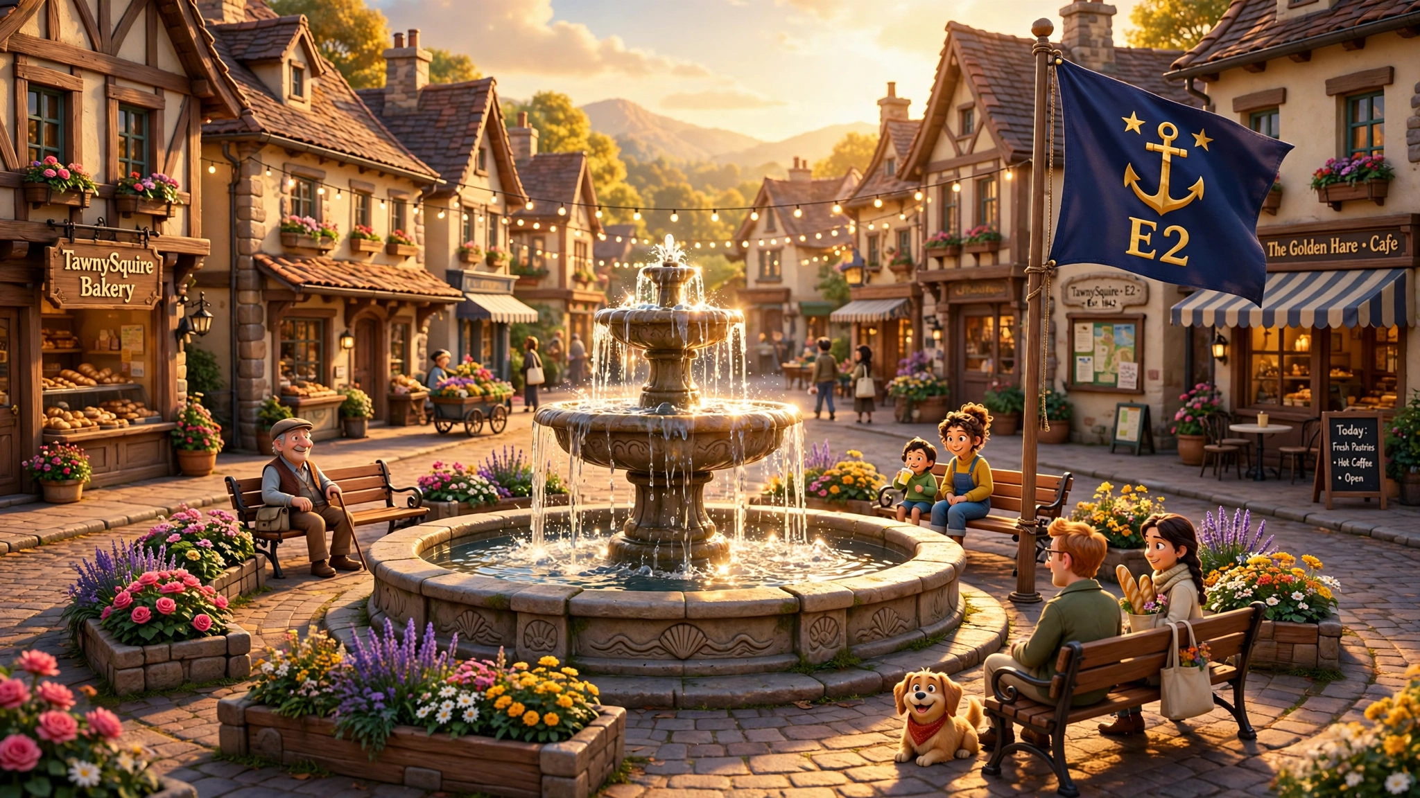 The town square in TawnySquire: stone fountain, benches, flower planters, the E2 flag flying nearby