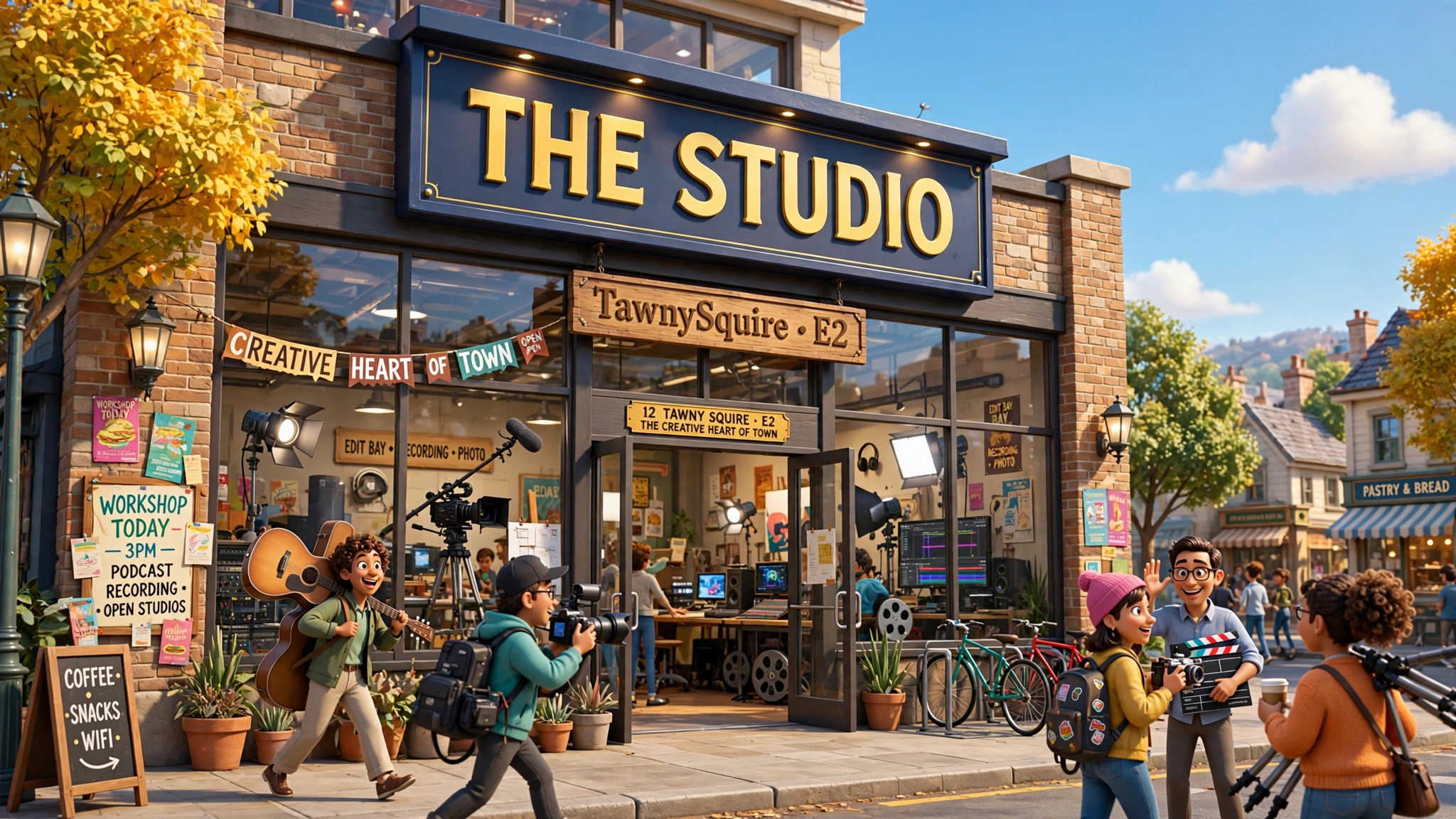 The Studio building in TawnySquire: big creative space with large windows, people with guitars and cameras